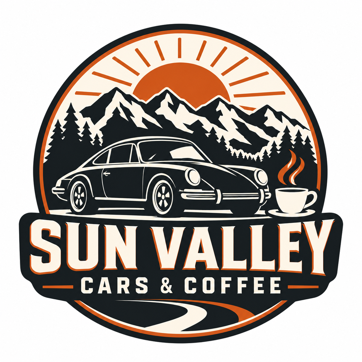 Sun Valley Cars & Coffee badge with mountains, a classic car and a coffee cup